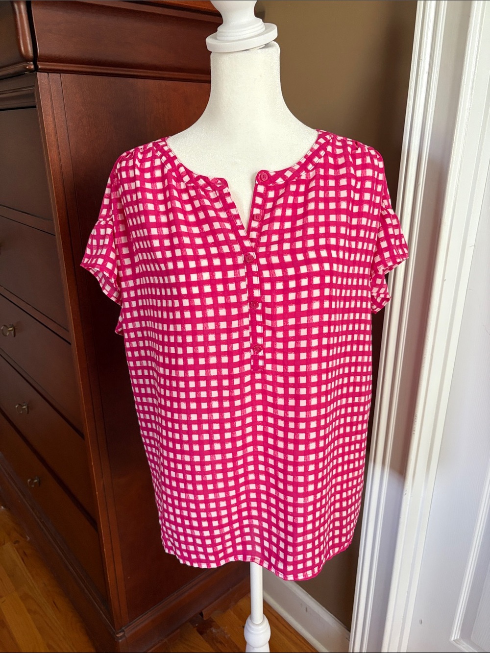 Ann Taylor Women's Pink Checked Short-Sleeve
